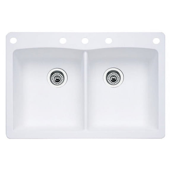 BLANCO Diamond Si ranit 50/50 Double Bowl Undermount or Drop-in Kitchen Sink, 33" L X 22" W X 9.5" D, White White 33" L X 22" W X 9.5" D