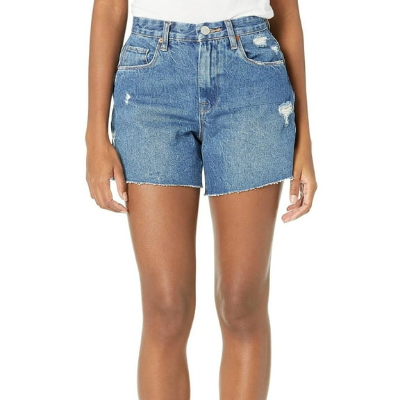 BLANK NYC High Rise Raw Hem Second Round Distressed Denim Shorts-Blue / 29