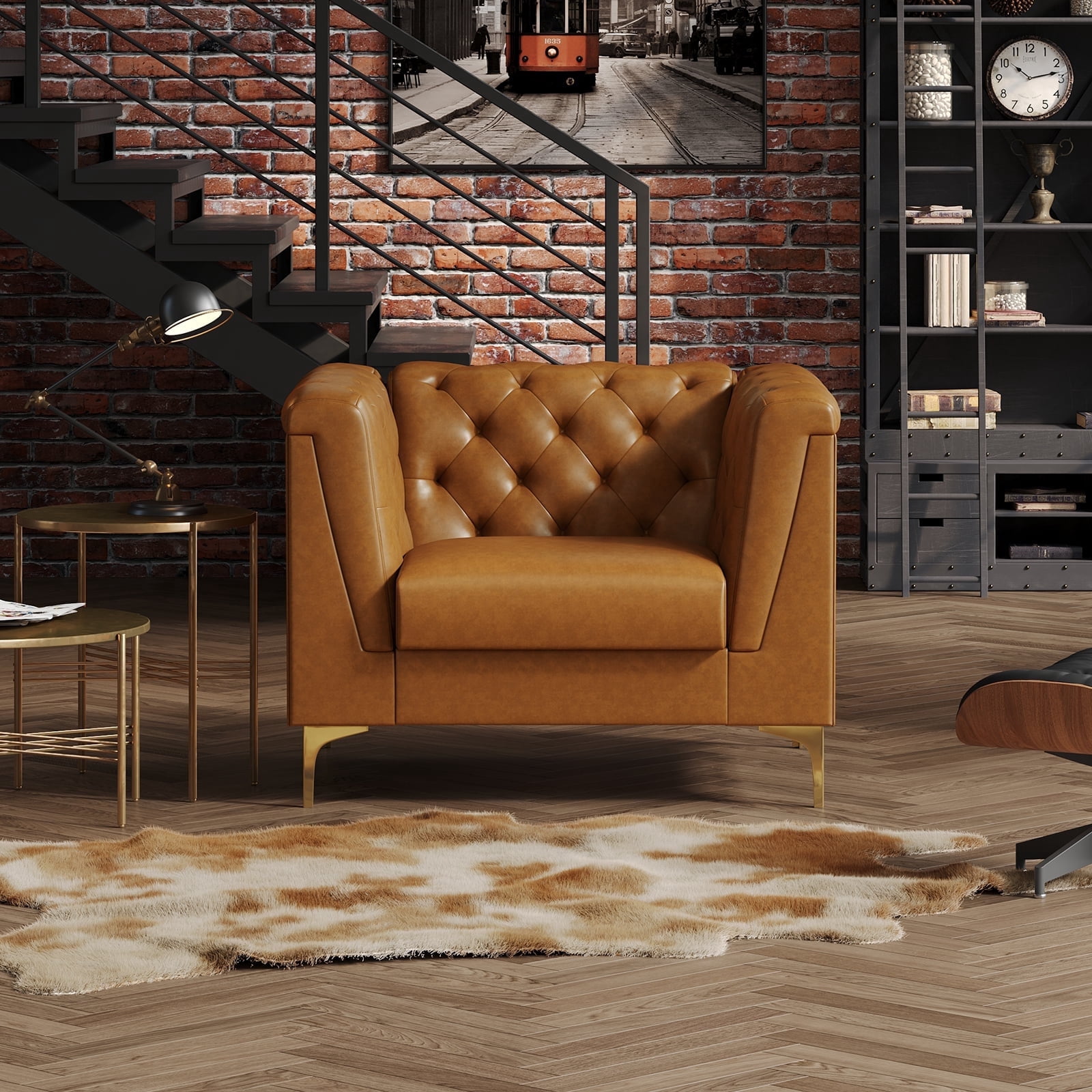 BLAZANT 40” Chesterfield Single Sofa, Upholstered Faux Leather Accent Chair, High Resilience Single Vintage Tufted Couch with Deep Seats & Metal Legs, Mid Century Modern for Living Room