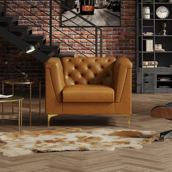 BLAZANT 40” Chesterfield Single Sofa, Upholstered Faux Leather Accent Chair, High Resilience Single Vintage Tufted Couch with Deep Seats & Metal Legs, Mid Century Modern for Living Room