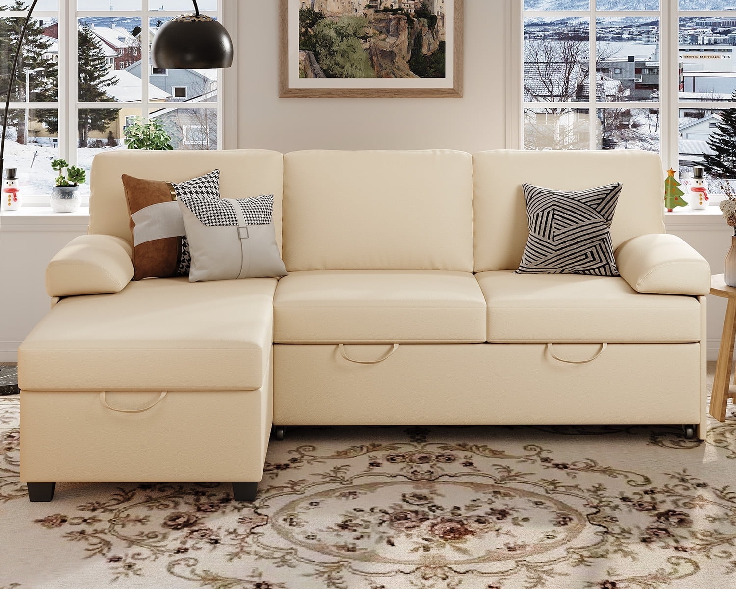 COPIAE 80” L Shaped Sofa Sleeper, 2 in 1 Pull Out Sofa Bed with Upholstered Cushion, Faux Leather Couch with Storage& Removable Armrest, Modern Comfort Sectional Couch Bed for Living Room Bedroom