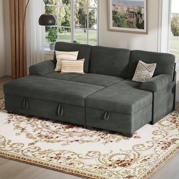 COPIAE 80 inch Convertible Sectional Sofa, L-Shaped Sofa Sleeper with Reversible Chaise,Couch Bed with Storage,Removable Armrest,Modern Pull Out Bed for Living Room Bedroom,Corduroy Gray