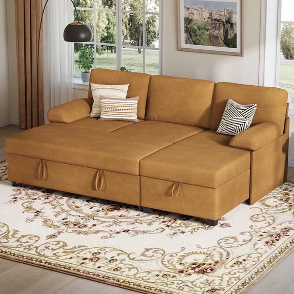 COPIAE 80 inch Convertible Sectional Sofa, L-Shaped Sofa Sleeper with Reversible Chaise,Couch Bed with Storage,Removable Armrest,Modern Pull Out Bed for Living Room Bedroom,Corduroy Ginger Yellow
