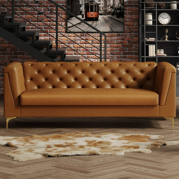 BLAZANT 81” Chesterfield Sofa, Upholstered Faux Leather Couch, High Resilience 3 Seater Vintage Couch with Deep Seats& Metal Legs, Mid Century Modern Couch for Living room