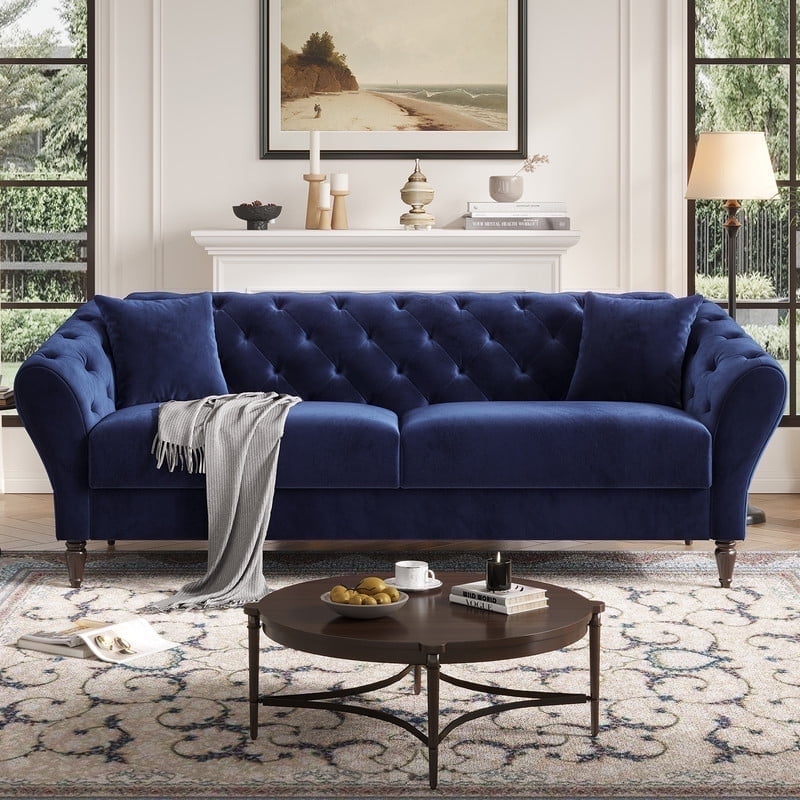 COPIAE 82 Inch Chesterfield loveseat Sofa,Tuxedo Arms Modern Couch Sturdy and Easy Installation, Small Sofa for Living Room Bedroom Office and Apartment,Velvet Fabric Blue