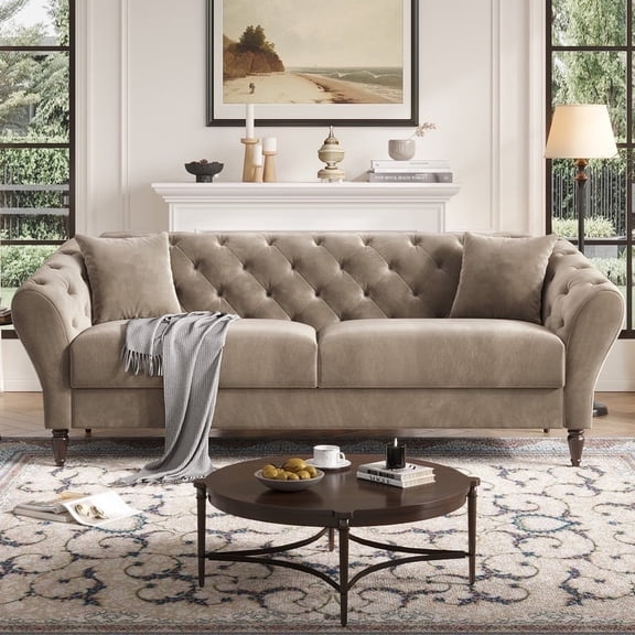 COPIAE 82 Inch Chesterfield loveseat Sofa,Tuxedo Arms Modern Couch Sturdy and Easy Installation, Small Sofa for Living Room Bedroom Office and Apartment,Velvet Fabric Brown