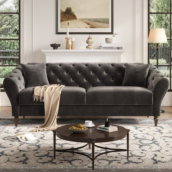 COPIAE 82 Inch Chesterfield loveseat Sofa,Tuxedo Arms Modern Couch Sturdy and Easy Installation, Small Sofa for Living Room Bedroom Office and Apartment,Velvet Fabric Dark Grey