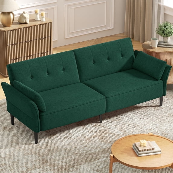 COPIAE 89" Futon Sofa Bed, Convertible Velvet Sleeper Sofa Tufted Futon Couch Bed with 2 Square Pillows, 2 Seater Loveseat with Adjustable Armrests Backrest for Apartment, Office, Green