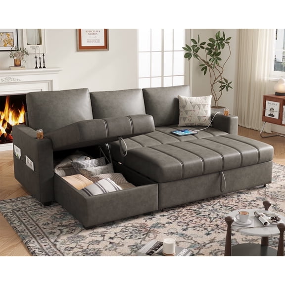 COPIAE 89” L Shaped Sofa Sleeper, Sectional Sofa Bed with Hidden Storage, Modern Piano Design Pull Out Sofa for Living Room Bedroom, Grey