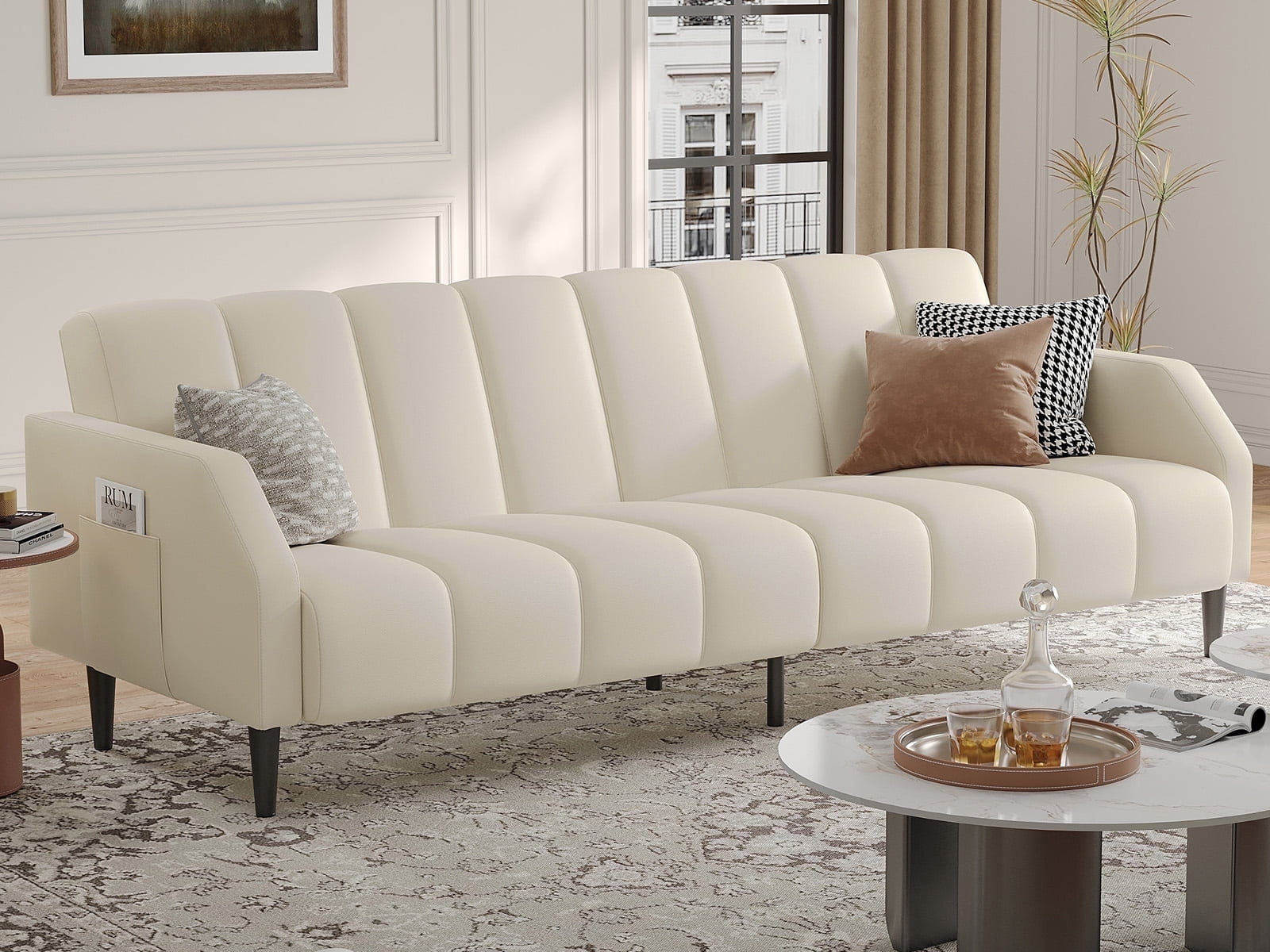BLAZANT Faux Leather Couch, Convertible Futon Sofa Bed with Adjustable ...