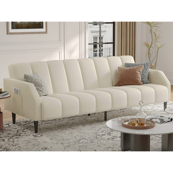 BLAZANT Faux Leather Couch, Convertible Futon Sofa Bed with Adjustable Backrest, Mid Century Leather Sofa Loveseat with Side Pockets& Metal Leg, Modern Leather Sleeper sofa for Living Room Bedroom