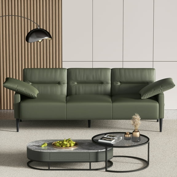 BLAZANT Faux Leather Sofa Couch, Modern 83 Inch 3 Seater Couches with Deep Seats and 2 Pillows for Living Room, Apartment, Office, Bedroom, Olive Green