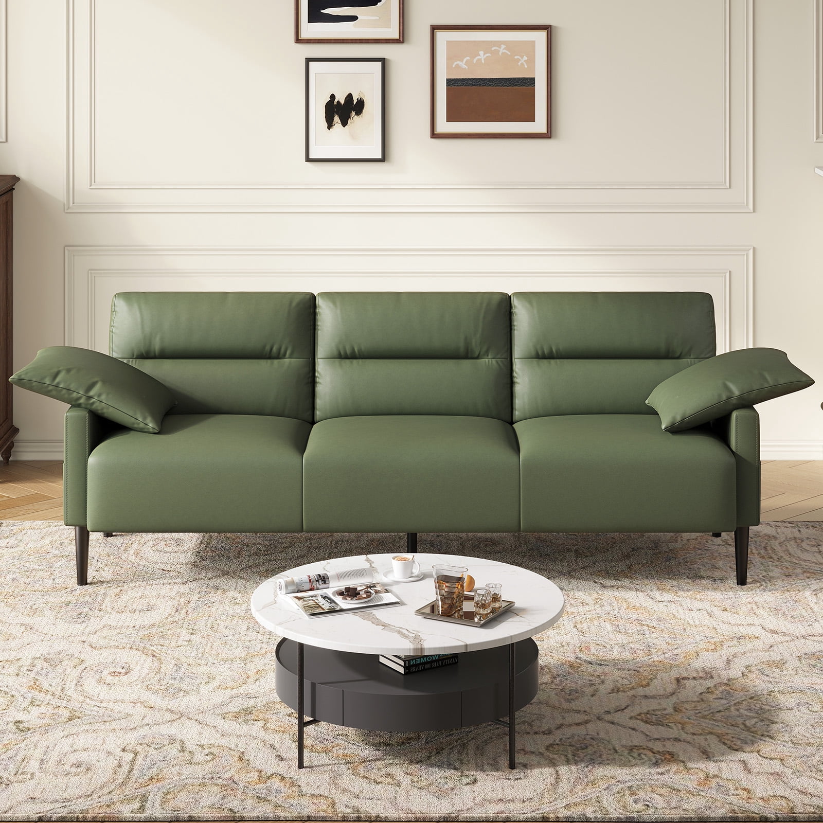 BLAZANT Faux Leather Sofa Couch, Modern 83 Inch 3 Seater Couches with Deep Seats and 2 Pillows for Living Room, Apartment, Office, Bedroom, Olive Green