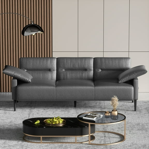 BLAZANT Faux Leather Sofa Couch, Modern 83 Inch 3 Seater Couches with Deep Seats and 2 Pillows for Living Room, Apartment, Office, Bedroom, Grey