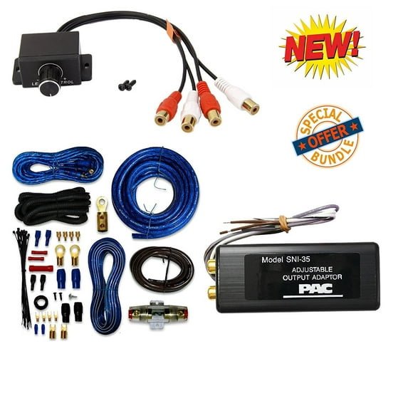 BLC-3 Universal Wired Bass Remote Level Control Knob for Car Amplifiers Amp Sub W/ PAC SNI-35 Variable LOC Line Out Converter And 4 Gauge AMP Kit Cache Bundle