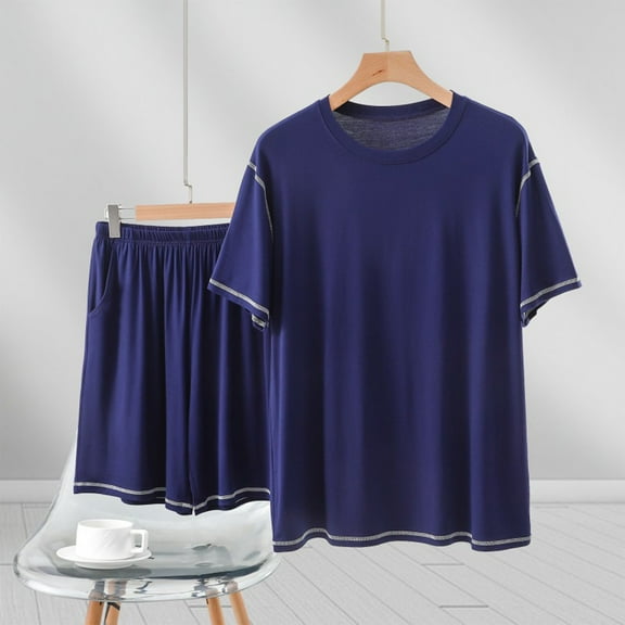 BLCHUNen 2 Piece Outfits for Men Lightweight Crew Neck Pullover Short Sleeve Tops and Elastic Waist Shorts Pajamas Sets