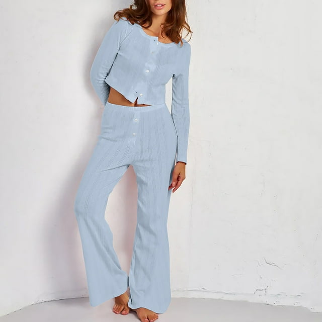 BLCHUNen 2 Piece Outfits for Women Button down Shirts Cropped Casual Lightweight Loose Loungewear 2 Piece Pajamas Sets