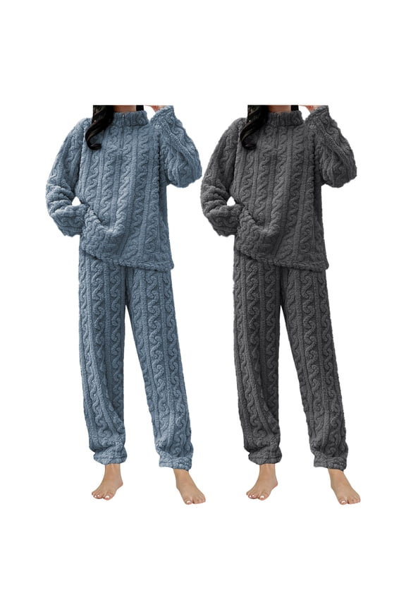 2 Piece Pajamas Sets for Women Cable Knitted Pullover Turtle Neck Sweater Casual Long Sleeve Loungewear Outfits