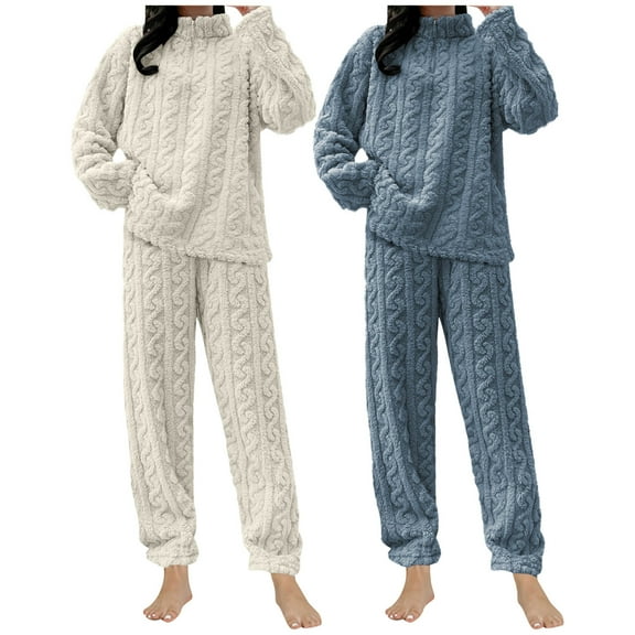 BLCHUNen 2 Piece Pajamas Sets for Women Cable Knitted Pullover Turtle Neck Sweater Casual Long Sleeve Loungewear Outfits