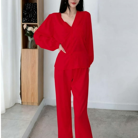 BLCHUNen 2 Piece Pajamas Sets for Women Long Sleeve Button down Shirts Casual Lightweight Lounge Nightwear Fall Outfits