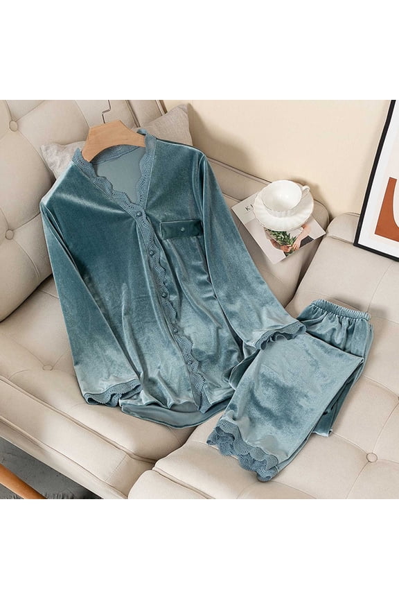 2 Piece Pajamas Sets for Women Velour Plush Lightweight Casual Button down Long Sleeve Loungewear Outfits