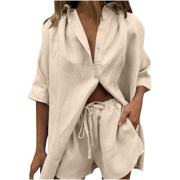 BLCHUNen 2 Piece Sets for Women Collared Drop Shoulder Button down Shirts Loose Shorts with Pockets Casual Outfits