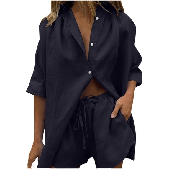 BLCHUNen 2 Piece Sets for Women Collared Drop Shoulder Button down Shirts Loose Shorts with Pockets Casual Outfits