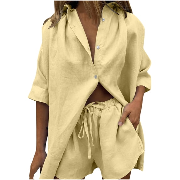BLCHUNen 2 Piece Sets for Women Collared Drop Shoulder Button down Shirts Loose Shorts with Pockets Casual Outfits