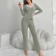 thumbnail image 1 of BLCHUNen 2 Piece Sets for Women Ribbed Knitted Casual Lightweight V Neck Pullover Comfy Loungewear Fall Pajamas Outfits, 1 of 4