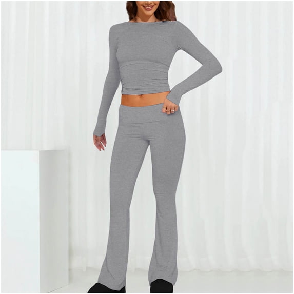 BLCHUNen 2 Piece Tracksuits Sets for Women Cropped Fitted Crew Neck Pullover Long Sleeve Tops and Flared Pants Fall Outfit Sets