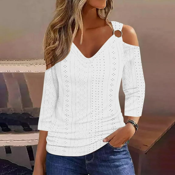 BLCHUNen 3/4 Sleeve Fall Shirts for Women off Shoulder Pullover V Neck Breathable Trendy Blouses Workout Sports Active Womens Tops