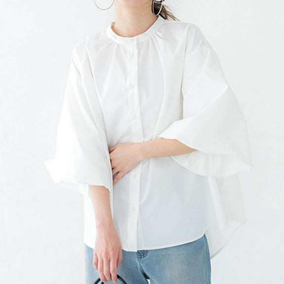 BLCHUNen 3/4 Sleeve Shirts for Women Crew Neck Button down Cardigan Fall Tops Breathable Lightweight Casual Home Trendy Blouses