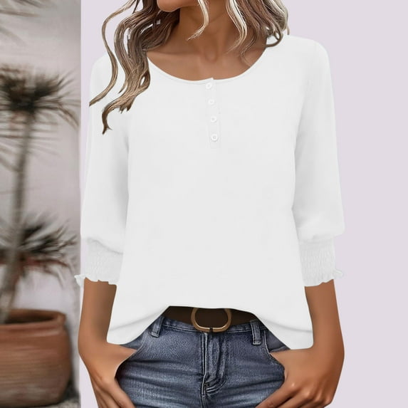BLCHUNen 3/4 Sleeve Shirts for Women Crew Neck Pullover Breathable Casual Tops Lightweight Smocked Cuffed Trendy Fall Blouses
