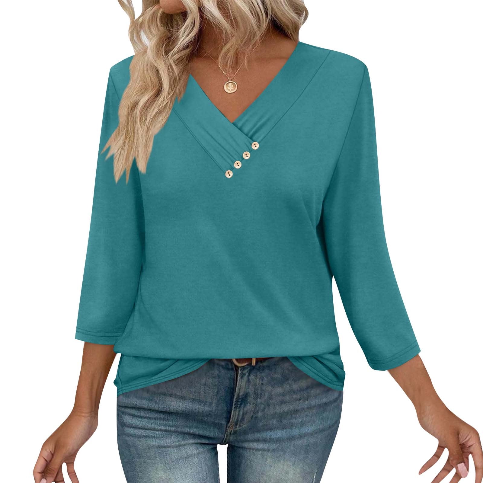 BLCHUNen 3/4 Sleeve Shirts for Women Pullover V Neck Lightweight Trendy ...