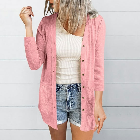 BLCHUNen 3/4 Sleeve Shirts for Women Trendy Button down Comfy Casual Loose Breathable Fall Blouses Tops with Pockets
