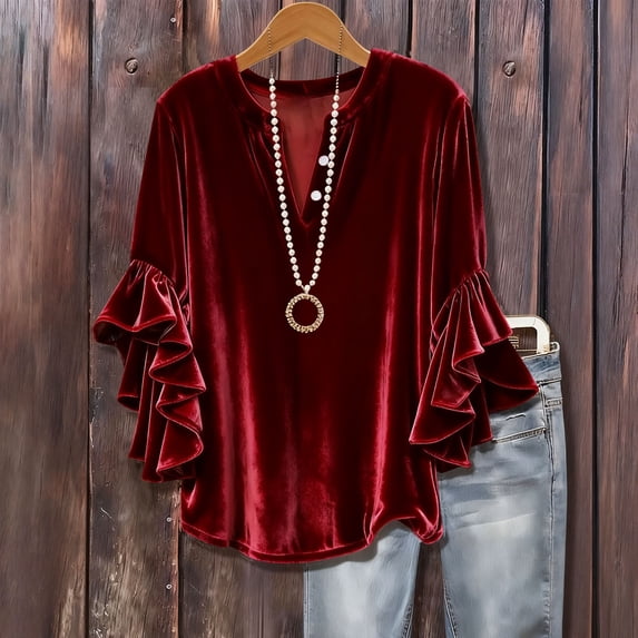 BLCHUNen 3/4 Sleeve Tops for Women Velour Plush Ruffed Button V Neck Pullover Casual Lightweight Comfy Loungewear Pajamas