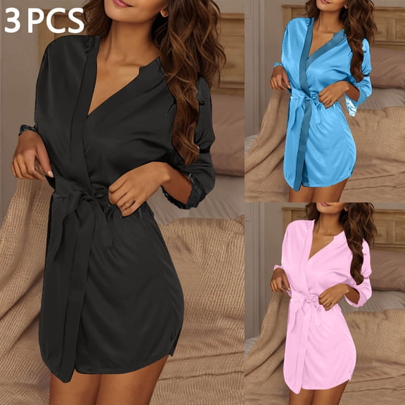 BLCHUNen 3 Pc Pajamas for Women 3/4 Sleeve Cardigan Tie Casual Lightweight Comfy Home Loungewear Nightgowns