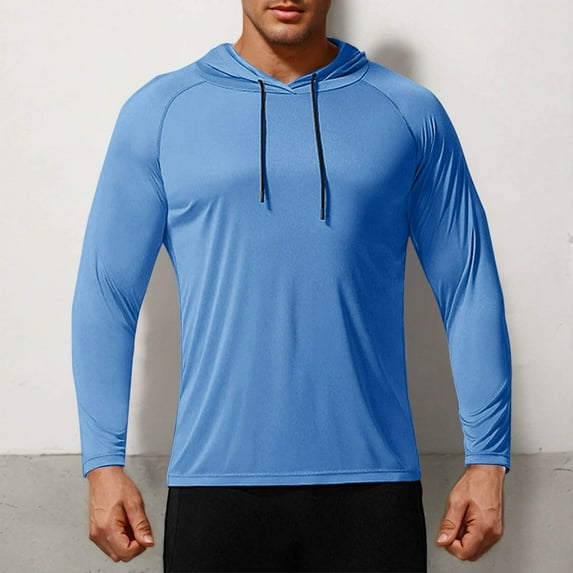 BLCHUNen Athletic Shirts for Men Hooded Drawstring Pullover Lightweight Fitted Breathable Running Sports Long Sleeve Shirts