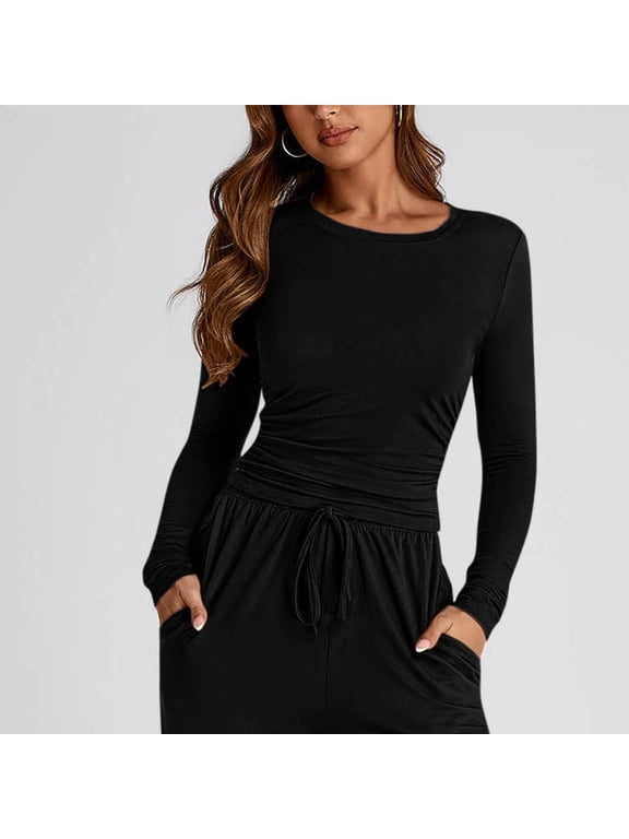 Athletic Shirts for Women Long Sleeve Slim Fitted Pullover Crew Neck Stretch Workout Sports Active Exercise Fall Tops