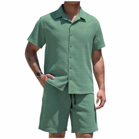 BLCHUNen Beach Outfits for Men Lapel V Neck Button down Shirts and Casual Shorts Set Summer Vacation 2 Piece Sets(XXL,Green