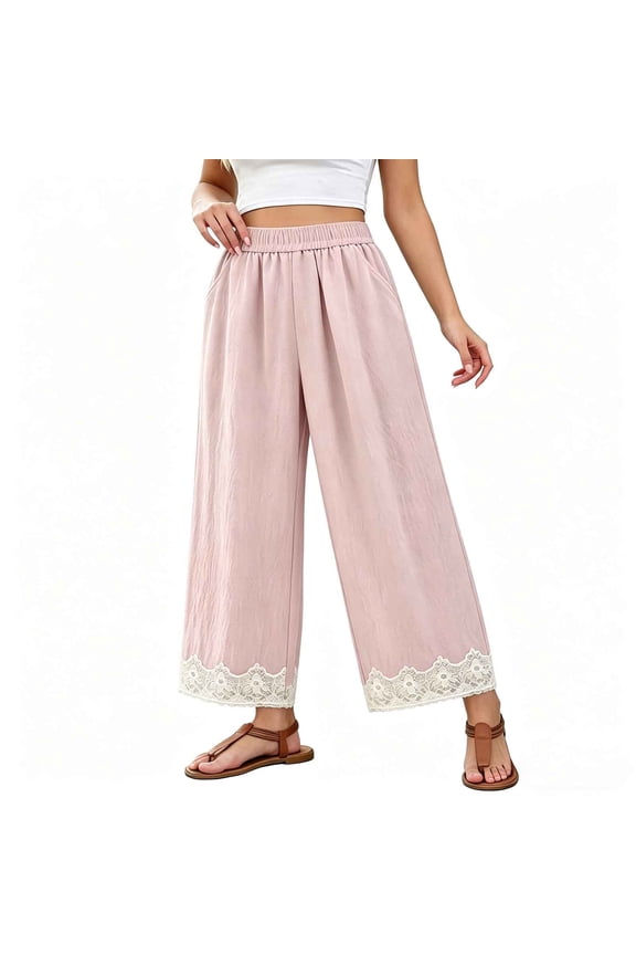 Beach Pants for Women Lace Patchwork Loose Elastic High Waist Crop Boho Pants Wide Leg Ruched Vacation Trousers,M,Pink