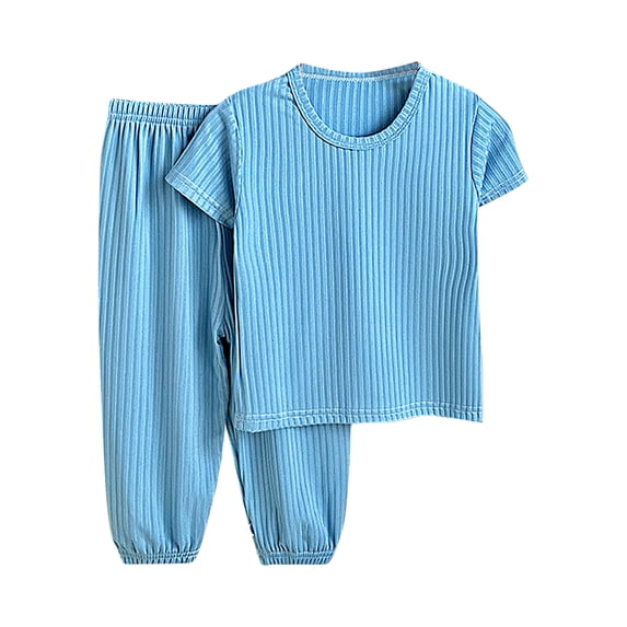 BLCHUNen Boy Girls Clothes Short Sleeve Tops Elastic High Waisted Ruched Pants Solid Color 2 Piece Homewear Set,10-11Years,Blue