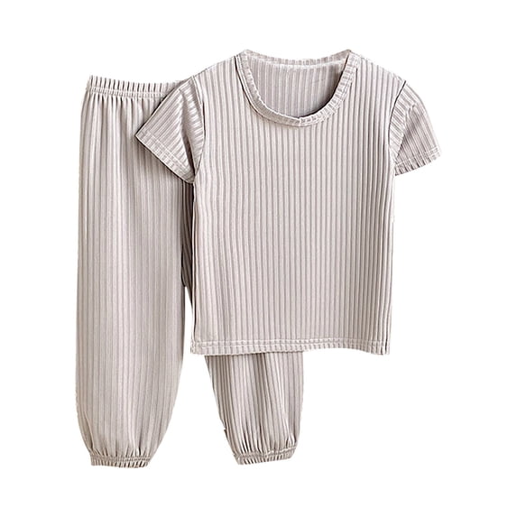 BLCHUNen Boy Girls Clothes Short Sleeve Tops Elastic High Waisted Ruched Pants Solid Color 2 Piece Homewear Set,9-10Years,Gray