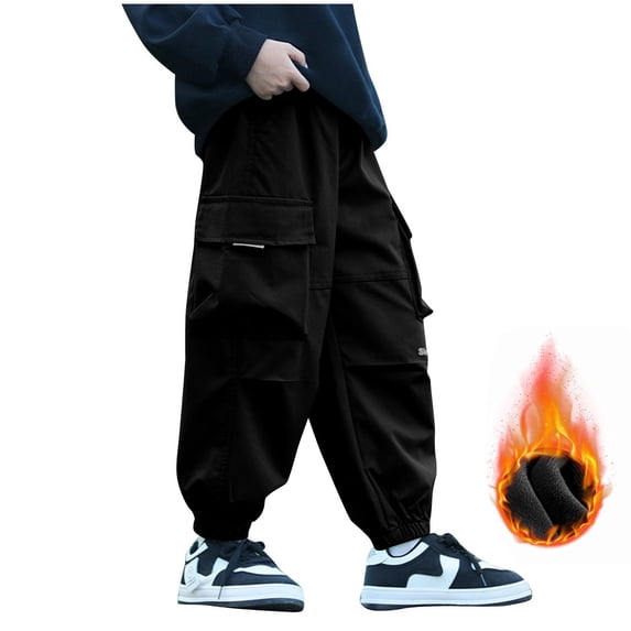 BLCHUNen Boys Fleece Lined Cargo Pants Fall Winter Hiking Pants Kids Cotton Warm Outdoor Activities Trousers,Black