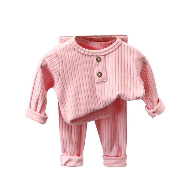 BLCHUNen Boys Girls 2 Piece Outfits Button Crew Neck Pullover Tops High Waisted Pants Fall Loungewear Sets,Pink