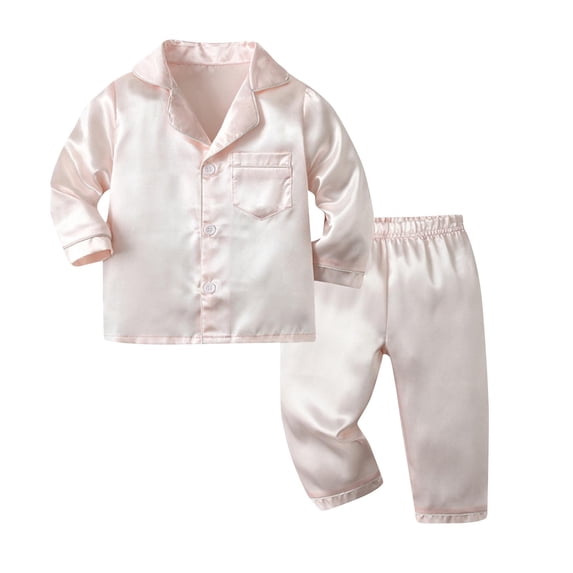 BLCHUNen Boys Girls 2 Piece Outfits Satin Button down Shirts High Elastic Waist Pants Comfortable Fall Kids Clothes Set,12 Months,Beige