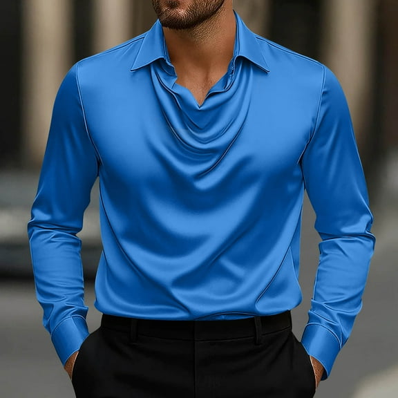 BLCHUNen Business Casual Shirts for Men Satin Silk Cowl Neck Pullover Lightweight Office Work Long Sleeve Tops