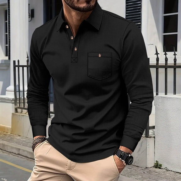 BLCHUNen Business Casual Tops for Men Long Sleeve Turndown Collar Button Pullover Office Work Long Sleeve Tops with Pocket