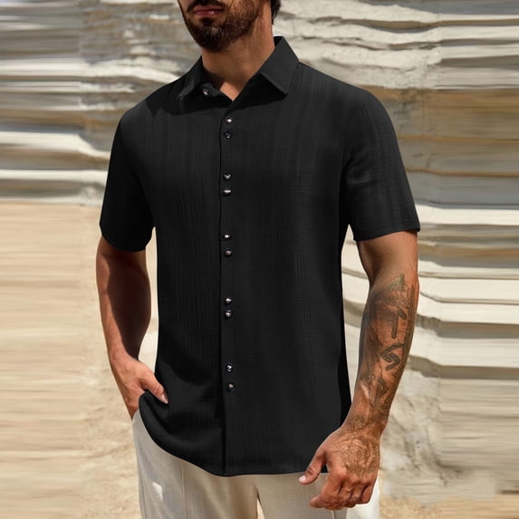 BLCHUNen Button Down Shirts for Men Lightweight Short Sleeve Fitted Summer Vacation Casual Work Wear Tops Trendy
