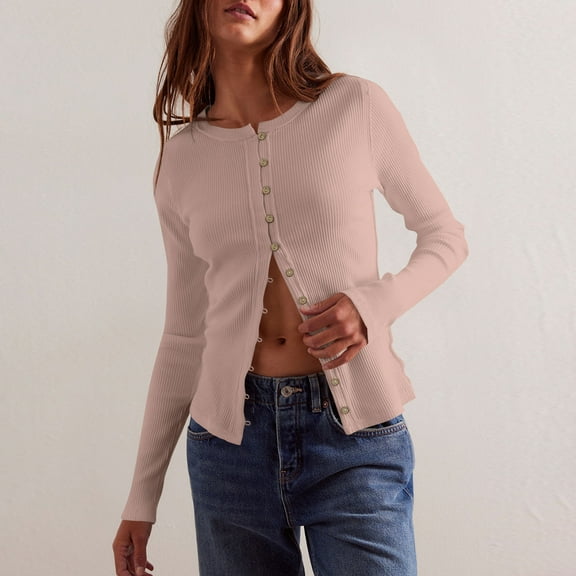 BLCHUNen Button down Shirts Long Sleeve Cardigan Crew Neck Stretch Trendy Blouses Lightweight Workout Sports Casual Fall Tops